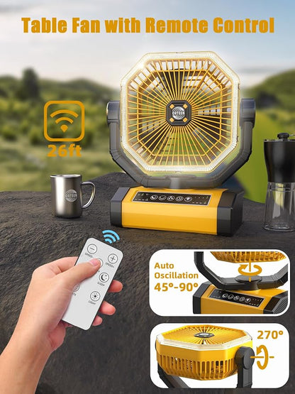 Orteen Rechargeable 9-Inch Portable Table Fan, 20000mAh Battery Powered Camping