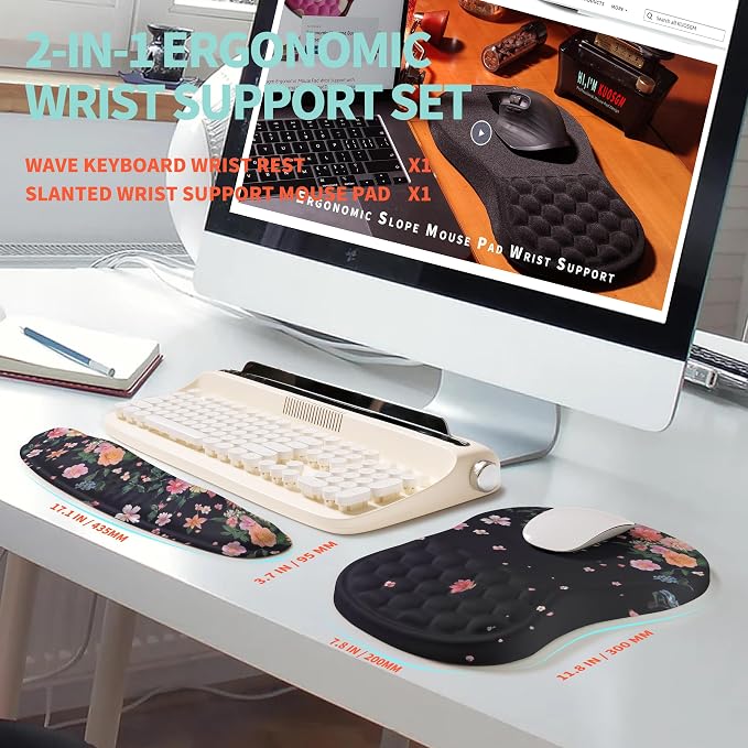 2-in-1 Ergonomic Set, Wave Rise Keyboard Wrist Rest and Massage Bulge Slope