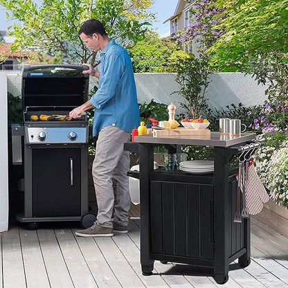 Keter Unity Small 40 Gallon Grill Prep Table and Storage Cart, Grey – BBQ Station with Wheels and Stainless Steel Top, Portable Serving Stand for Patio, Deck, and Backyard