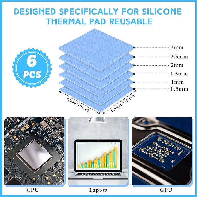 Frienda 6 Pcs Thermal Pad 100 x 100 mm, 0.5 mm, 1 mm, 1.5 mm, 2 mm, 2.5 mm