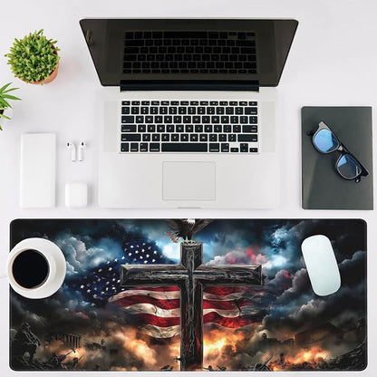 Mouse Pad Large A Cross with an Eagle Non-Slip Game Desk Mat with Stitched Edge