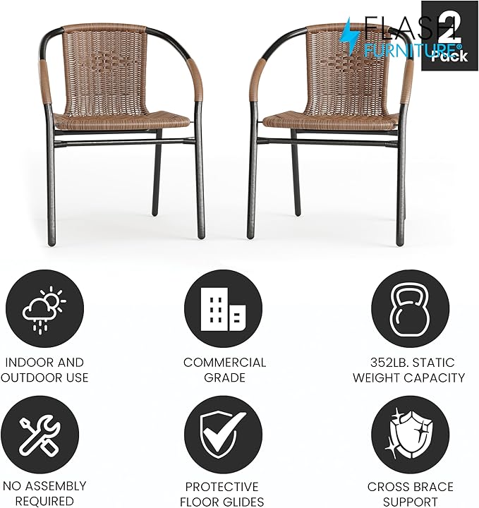 Flash Furniture Lila Modern Rattan Indoor/Outdoor Stackable Dining Chairs, Stacking Rattan Bistro Chairs for Patio or Restaurant, Set of 2, Brown