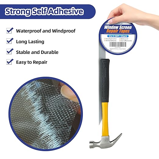 KING MOUNTAIN Black Window Screen Repair Tape, 3inX20FT Heavy Duty Screen