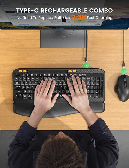 Wireless Keyboard and Mouse Combo, Ergonomic Wave Keys, Cushioned Plam Rest