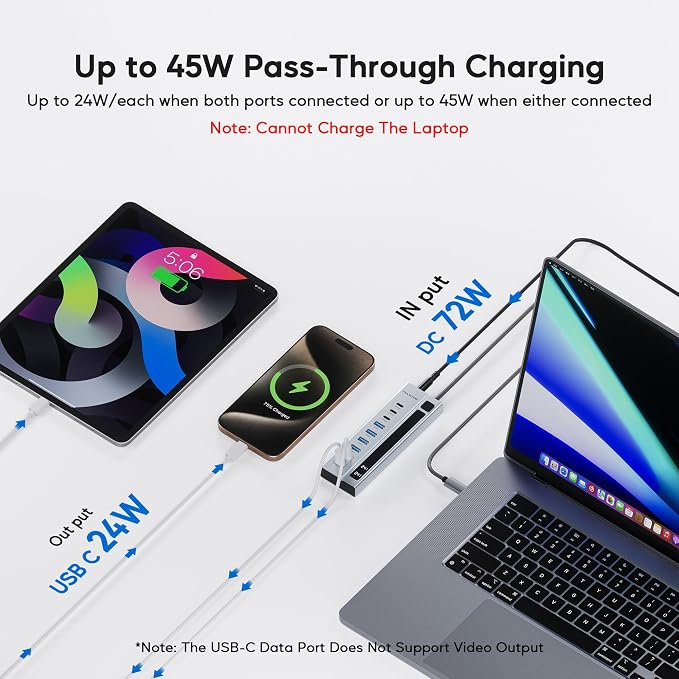 Powered USB C Hub, PULWTOP 9-in-1 USB-Hub suppprt 10Gbps & PD 45W Max Charging