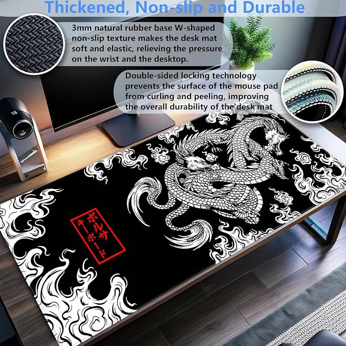 Black and White Mouse Pad Extra Large Gaming Mousepad XL Dragon Desk Mats