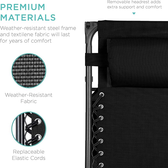 Best Choice Products Folding Zero Gravity Outdoor Recliner Patio Lounge Chair w/Adjustable Canopy Shade, Headrest, Side Accessory Tray, Textilene Mesh - Black