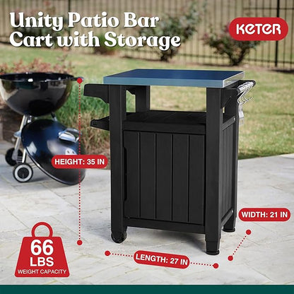 Keter Unity Small 40 Gallon Grill Prep Table and Storage Cart, Grey – BBQ Station with Wheels and Stainless Steel Top, Portable Serving Stand for Patio, Deck, and Backyard