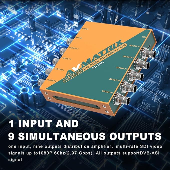 AVMATRIX SDI Splitter 1×9 Distribution Amplifier 3G/ HD/SD Supported DVB-ASI