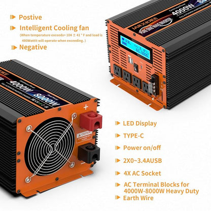 4000 Watt Pure Sine Wave Power Inverter 12V DC to 110V 120V Converter