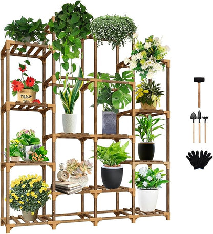 Uneedem Tall Shelf for Multiple Plants Indoor Outdoor 14 Tiers 16 Pot Holder Large Rack Wood Stand Shelves for Room Corner Balcony Garden Patio