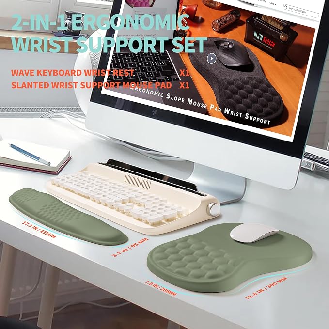 2-in-1 Ergonomic Set, Wave Rise Keyboard Wrist Rest and Massage Bulge Slope