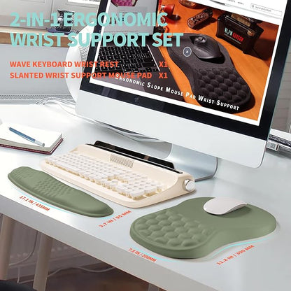 2-in-1 Ergonomic Set, Wave Rise Keyboard Wrist Rest and Massage Bulge Slope