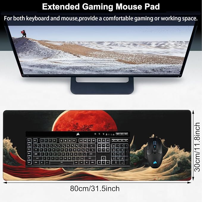 Red Moon Above The Sea Desk Mat, Large Chinese Style Landscape Gaming Keyboard