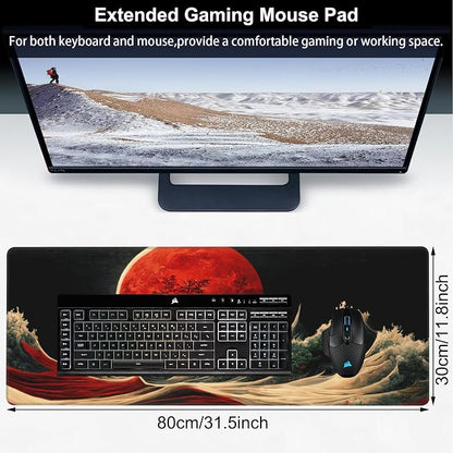 Red Moon Above The Sea Desk Mat, Large Chinese Style Landscape Gaming Keyboard