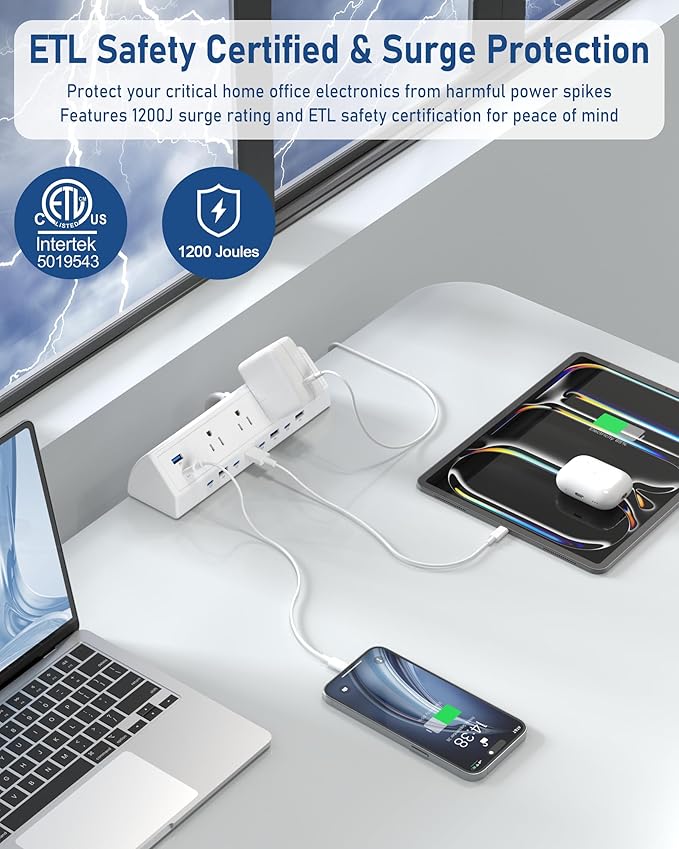 Jgstkcity 130W Desk Clamp Power Strip, 12 USB Ports, Surge Protector, ETL