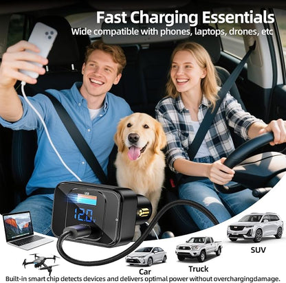 170W PD3.1 Car Charger with LED Voltage Display, USB-C Cigarette Lighter