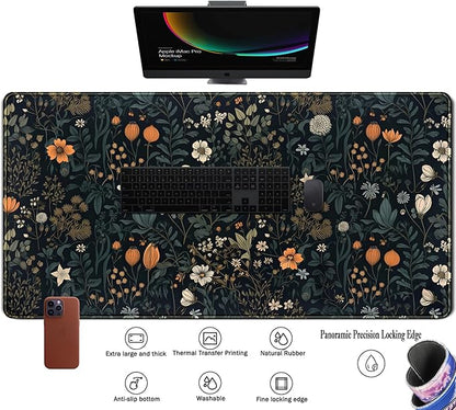 Cute Dark Floral Desk Mat Vintage Flowers Plant Mouse Pad XXL Large Extended