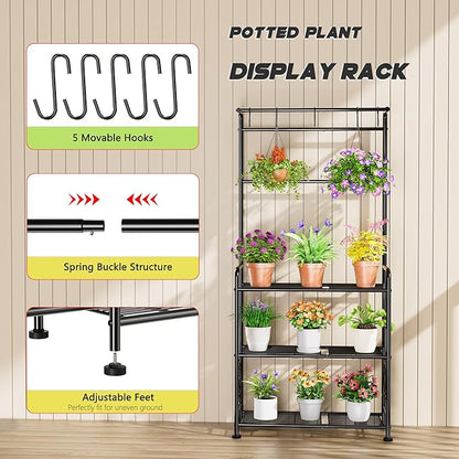 Plant Stand Indoor Outdoor Heavy Duty Metal - 56.4" Tall 3-Tier Shelf for Multiple Plants, Flowers, Rustproof Black Storage Rack for Patio, Balcony, Living Room, Garden, Includes Hooks&Adjustable Feet