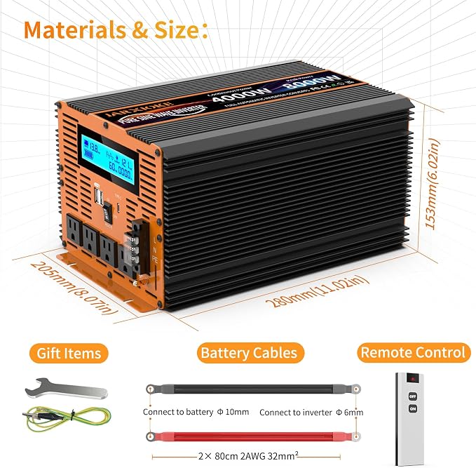 4000 Watt Pure Sine Wave Power Inverter 12V DC to 110V 120V Converter