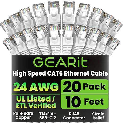 GearIT Cat 6 Ethernet Cable Cat6 Network Patch, Snagless Cord, Internet