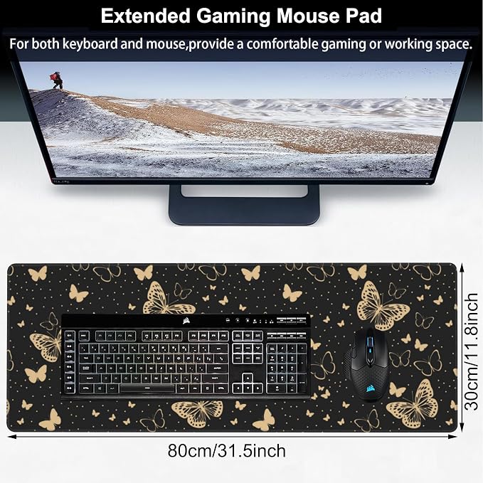 Golden Butterflies Desk Mat, Large Butterfly and Round Spots Gaming Keyboard
