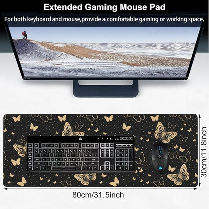 Golden Butterflies Desk Mat, Large Butterfly and Round Spots Gaming Keyboard