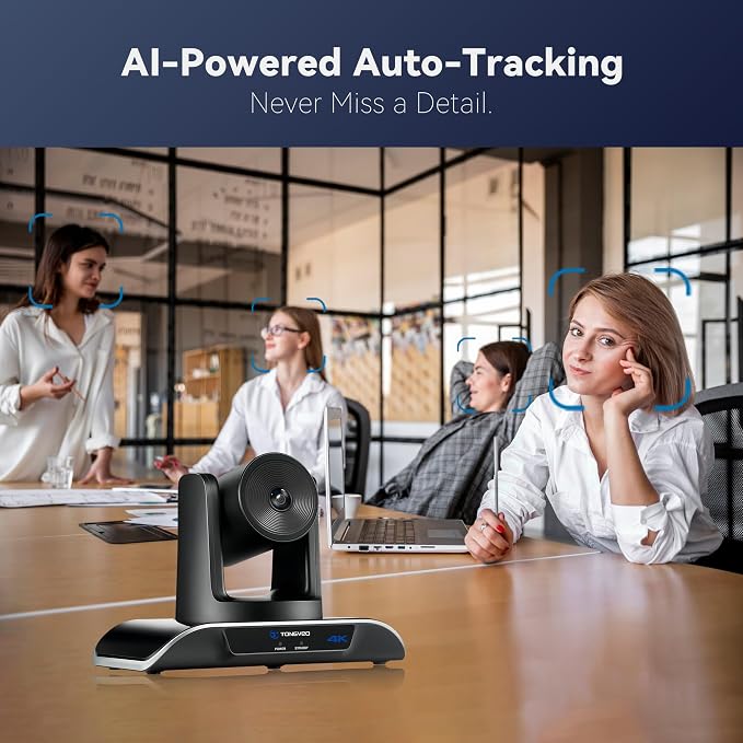 TONGVEO 4K PTZ Camera with AI-Powered Auto-Tracking 5X Digital Zoom USB 3.0