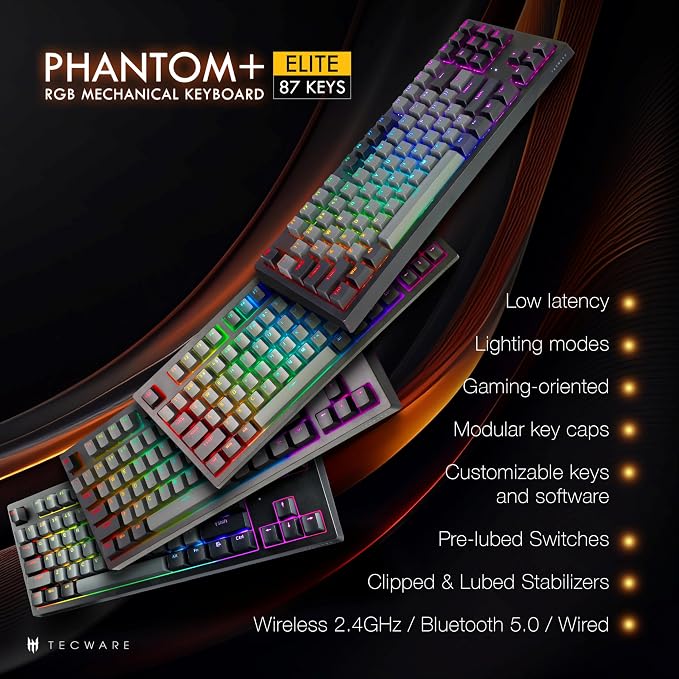 TECWARE Phantom+ Elite 87 Key RGB Mechanical Gaming Keyboard, LED Backlit