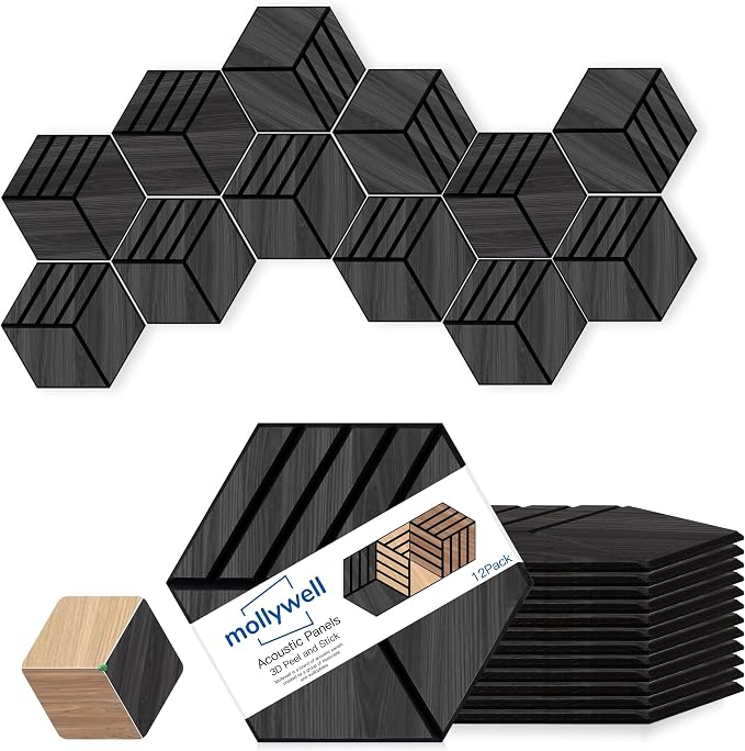 Mollywell Hexagon Acoustic Panels, 12 Pack |Wood Veneer|High Density Sound