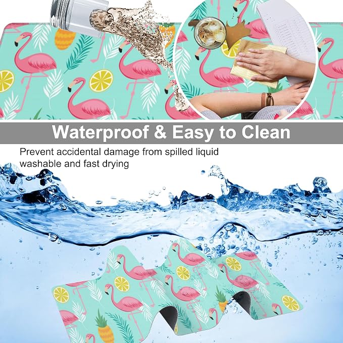 Pink Flamingo Desk Mat, Large Summer Flamingos Pineapples Tropical Leaves