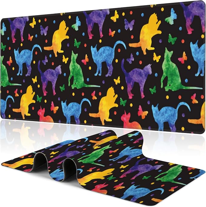 Colorful Cats and Butterflies Desk Mat, Large Watercolor Kittens Butterfly