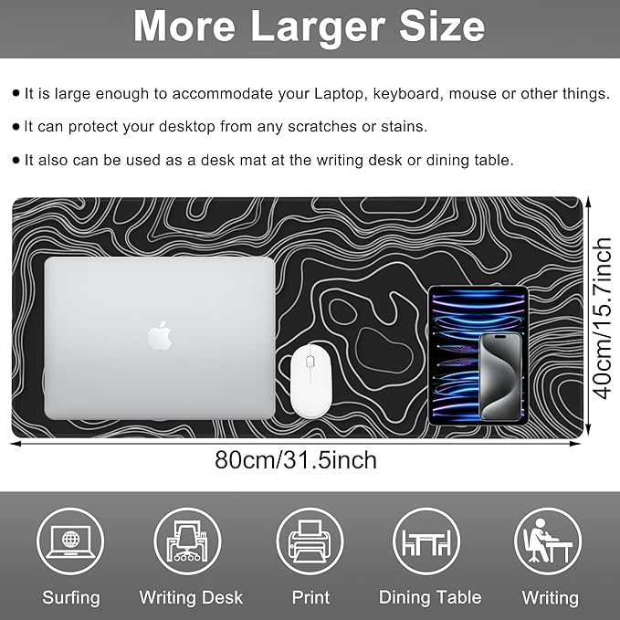 Mouse Pad, Large Mountain Topographic Terrain Map Desk Mat, Extended Non-Slip