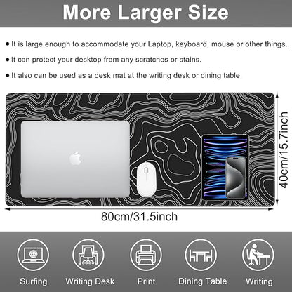 Mouse Pad, Large Mountain Topographic Terrain Map Desk Mat, Extended Non-Slip