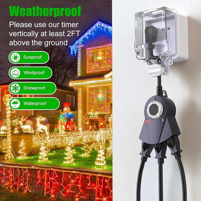 Outdoor Light Timer Waterproof, 24 Hours Plug in Timer