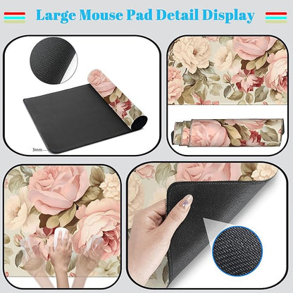 Cute Floral Desk Mat Pastel Roses Gaming Mouse Pad XXL Large Extended Flowers