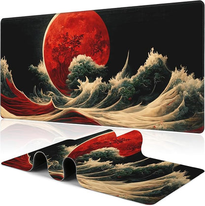 Red Moon Above The Sea Desk Mat, Large Chinese Style Landscape Gaming Keyboard