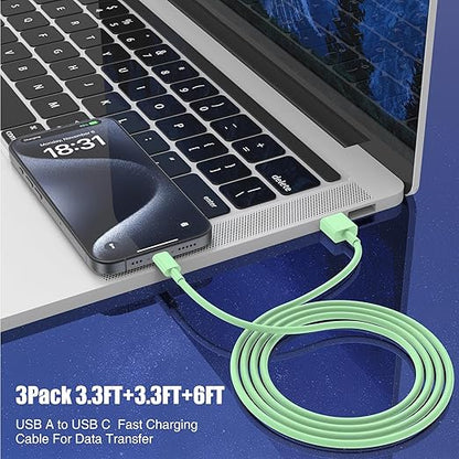 3-Pack Green USB A to USB C Cable，USB to USB C Car Carplay Cable