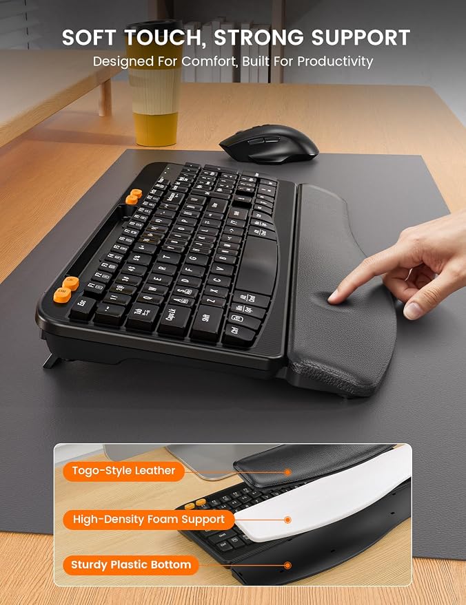 Wireless Keyboard and Mouse Combo, Ergonomic Wave Keys, Cushioned Plam Rest