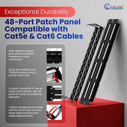 NewYork Cables 48 Port Cat6 Patch Panel – 10Gb Ethernet, 2U Rackmount 19-Inch