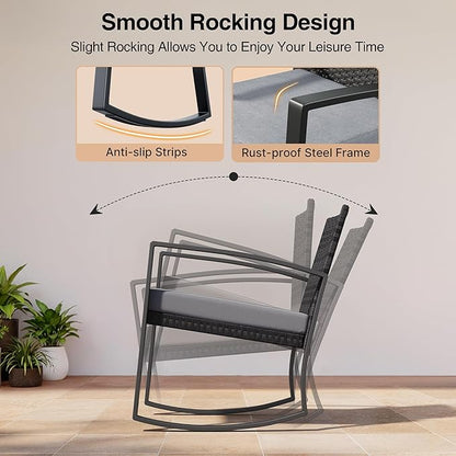 3 Pieces Outdoor Patio Furniture Set Rocking Bistro Set Outdoor Rattan Conversation with Coffee Table for Garden Balcony Backyard Poolside (Grey Cushion)