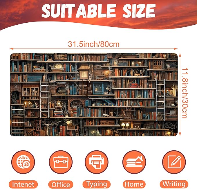Desk Pad, Fantasy Shelves Desk Mat, Shelves Full of Books Large Gaming Mouse Pad