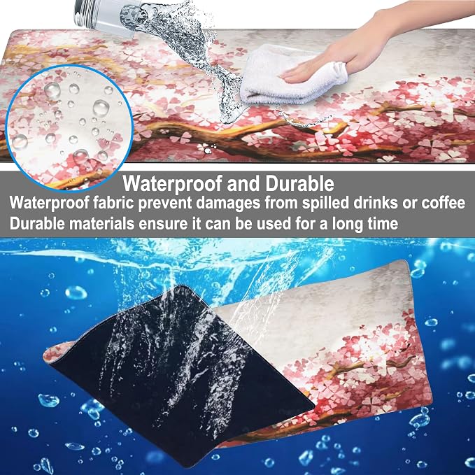 Mouse Pad, Large Blooming Sakura Desk Mat, Extended Non-Slip Gaming Keyboard