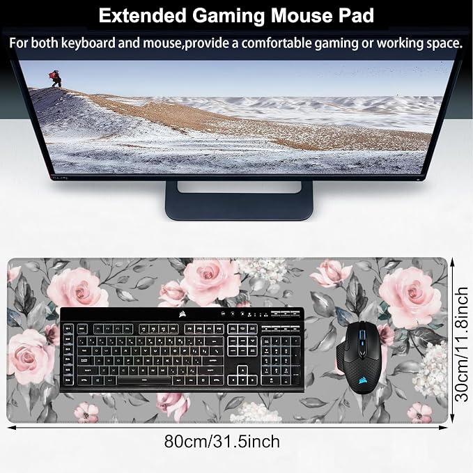 Pink Roses Desk Mat, Large Spring Blooming Flowers and Leaves Gaming Keyboard
