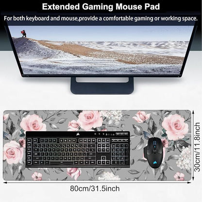 Pink Roses Desk Mat, Large Spring Blooming Flowers and Leaves Gaming Keyboard