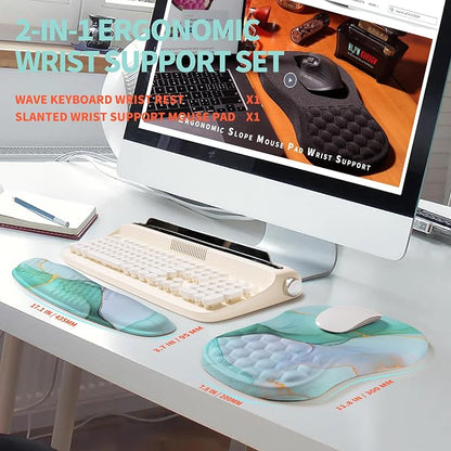 2-in-1 Ergonomic Set, Wave Rise Keyboard Wrist Rest and Massage Bulge Slope