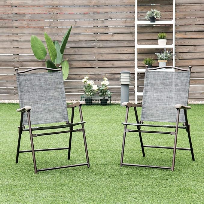 Giantex Set of 2 Patio Folding Chairs, Outdoor Patio Dining Chairs w/Armrest, Sling Back, Metal Frame, Outside Use for Lawn Camping Garden Pool Beach Yard Lounge, No Assembly, Grey