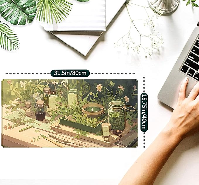 Cute Desk Mat Green Sage Mouse Pad Anime Forest XXL Large Extended Gaming