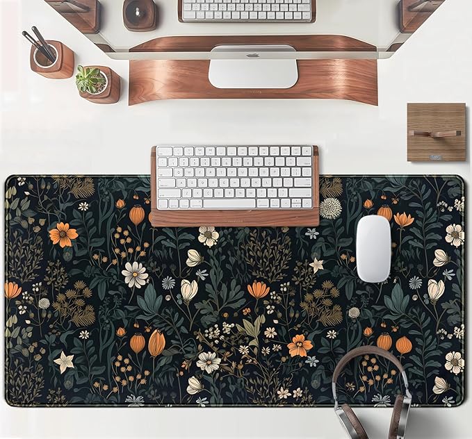 Cute Dark Floral Desk Mat Vintage Flowers Plant Mouse Pad XXL Large Extended