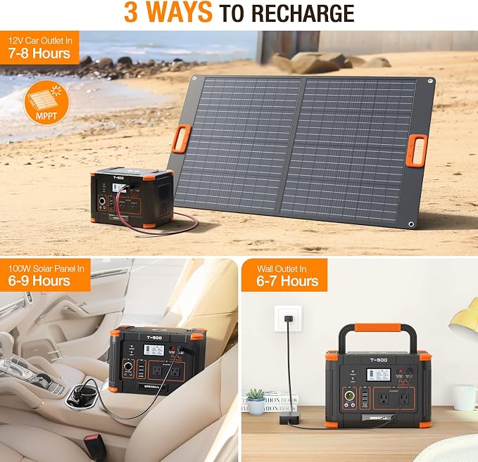 500W Portable Power Station, GRECELL Solar Generator 519Wh Lithium Battery
